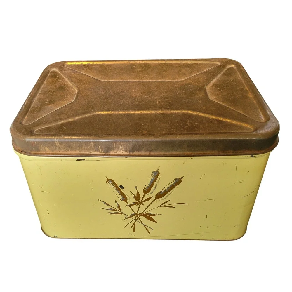 Vtg 1940s Yellow Metal Bread Box Copper Lid Decoware Cattail Tin Mid Century MCM